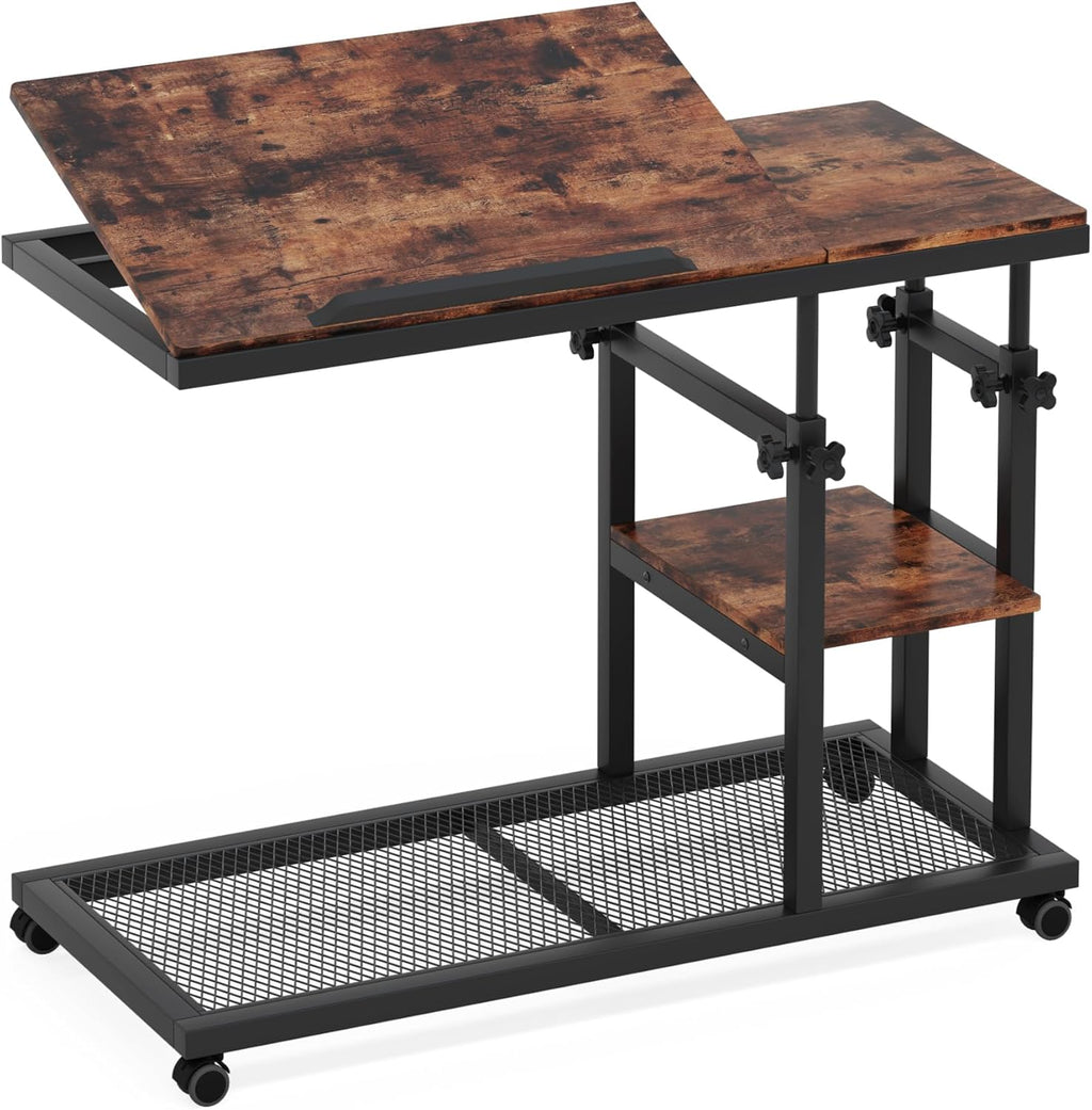 Tribesigns Adjustable Height Rolling C-Table, Mobile Side Table with Tiltable Top & Double Shelves, Vintage Brown C-Shaped End Table for Sofa, Bed, Living Room