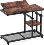 Tribesigns Adjustable Height Rolling C-Table, Mobile Side Table with Tiltable Top & Double Shelves, Vintage Brown C-Shaped End Table for Sofa, Bed, Living Room