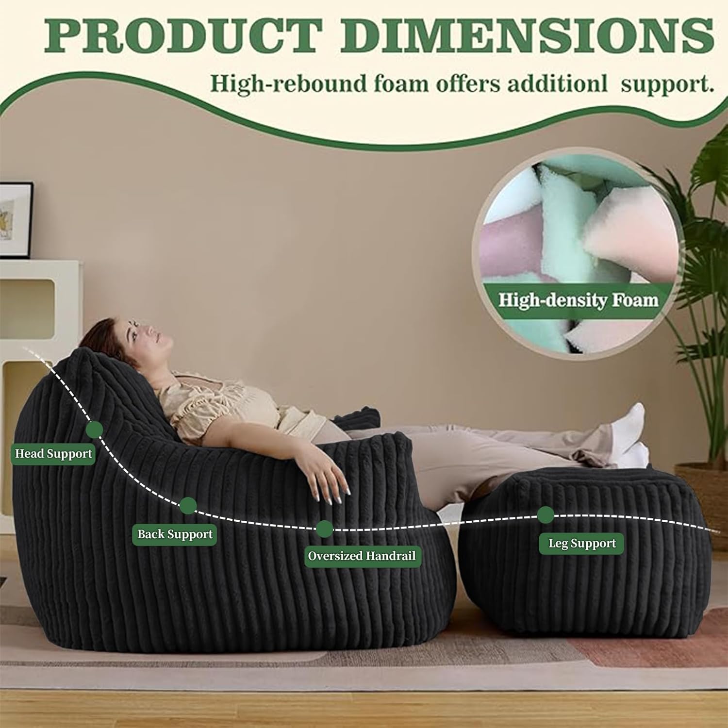 FanYi Bean Bag Chair for Adults with Armrests and Ottoman Comfy Beanbag Lounge Lazy Floor Sofa Accent Chair for Living Room, Bedroom & Dorm, Cozy Fluffy Single Cloud Mini Couch, Black