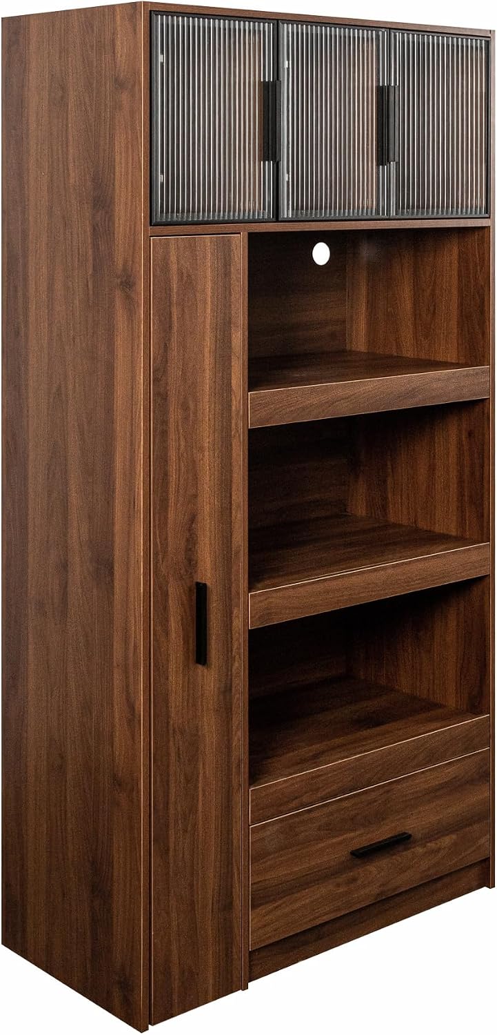 Tall Pantry Cabinet with 3 Hutch, Kitchen Food Cabinet with Pull Out Shelves and 3 Glass Doors, Kitchen Pantry with Microwave Stand for Dining Room