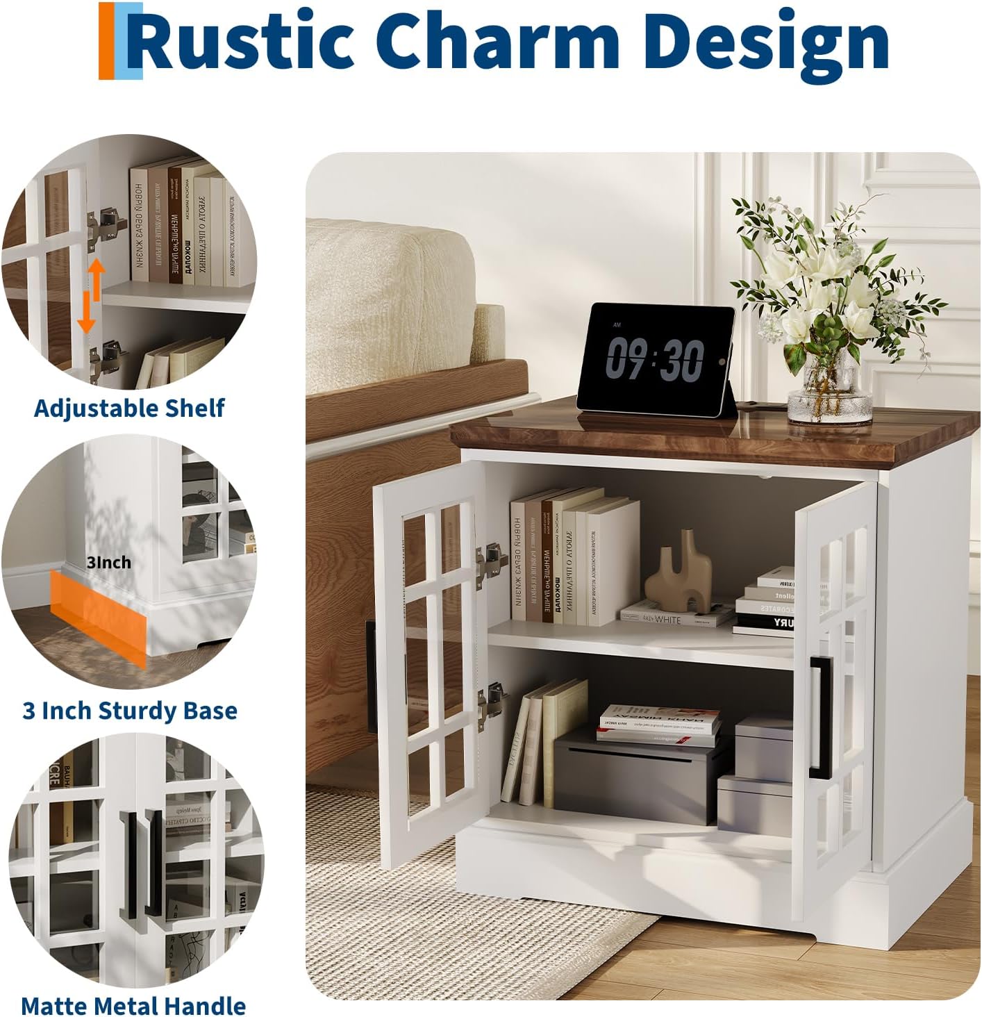 24" Farmhouse Nightstand with Charging Station, End Table with Tempered Glass Doors and Adjustable Shelf, Wood Square Side Table, Bedside Cabinet for Bedroom,Living Room- White