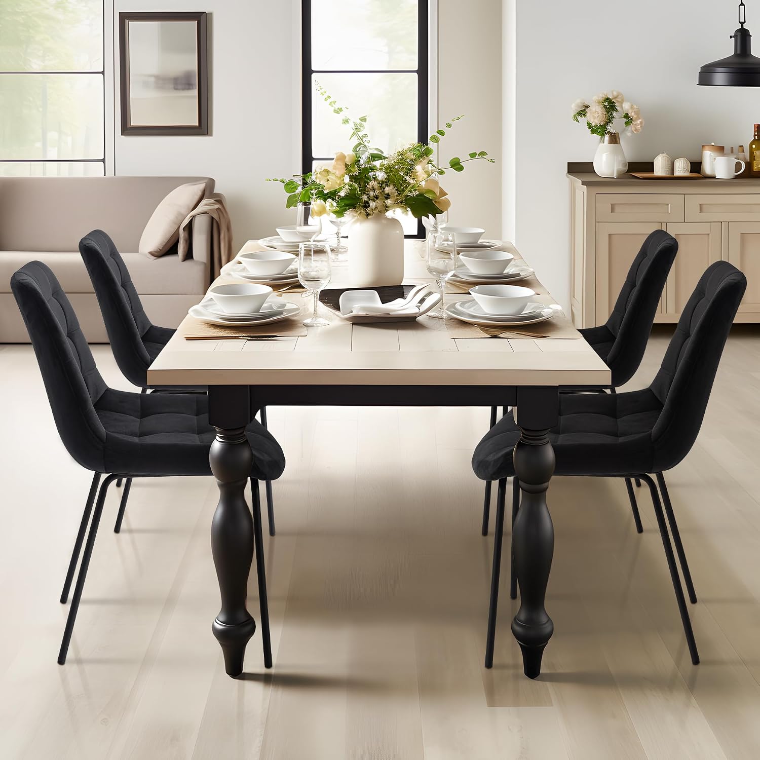 Velvet Dining Chairs, Upholstered Reception Chairs, Tufted Accent Chair with Metal Legs for Home Kitchen, Living Room, Set of 2, Black