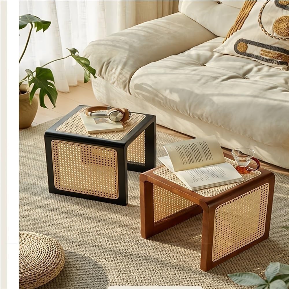 Square Rattan Side Table Modern Small Wooden Coffee Table Wood and Hand-Woven Rattan End Table Nightstand for Living Room Long Lasting
