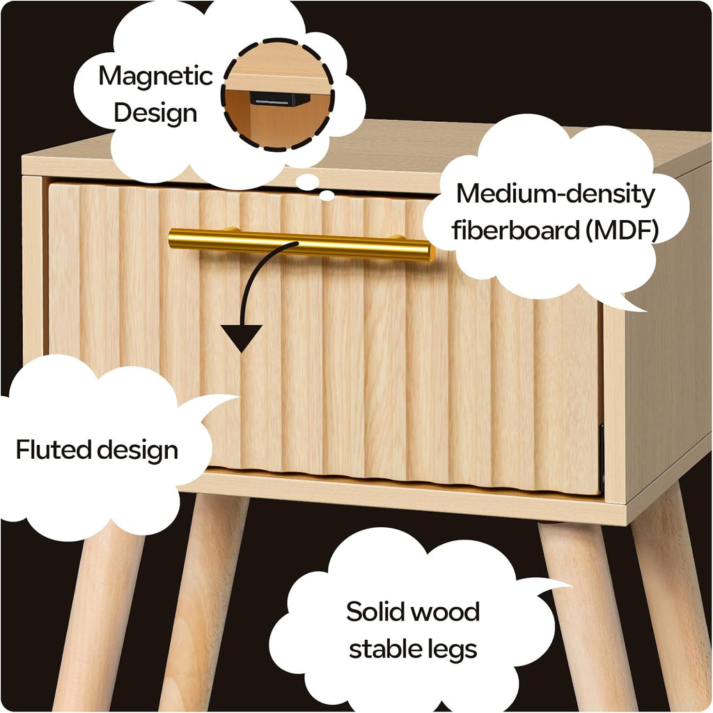 Kerry Small Fluted Nightstand, Bedside Table for Small Space, Modern End Table with Storage Drawer for Living Room, Bedroom, Solid Wood Feet, MDF, Wooden, Two Pack