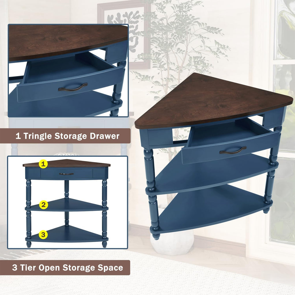 33.8" Small Triangle Corner Table, Wood Corner Side Table for Small Spaces, 3 Tier End Corner Table with Solid Wood Legs, Navy Blue