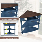 33.8" Small Triangle Corner Table, Wood Corner Side Table for Small Spaces, 3 Tier End Corner Table with Solid Wood Legs, Navy Blue