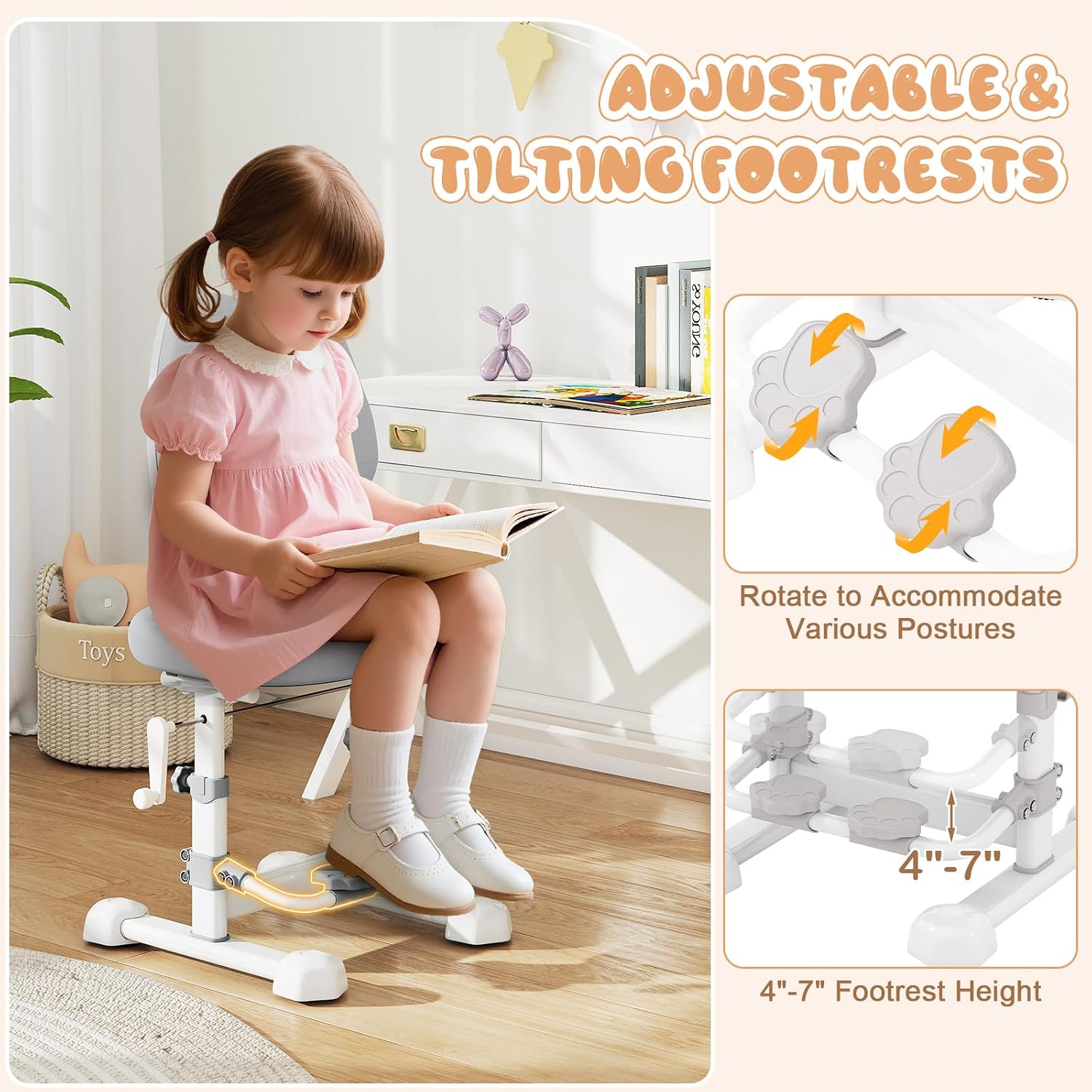 Costzon Kids Chair, Study Desk Chair with Ergonomic Double Backrest, Adjustable Seat Height & Depth, and Rotatable Footrest, Armless Kids Office Chair for Girls & Boys Aged 4-12 Years Old (Gray)