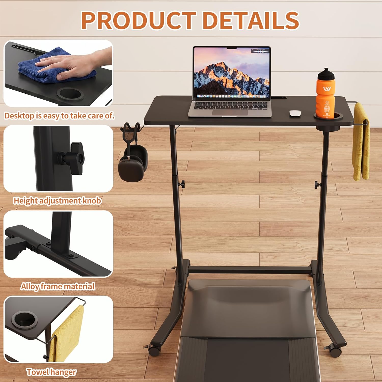 Treadmill Desk, 30"-47" Adjustable Height Mobile Small Standing Desk for Walking Pad, Trainer Stand on Wheels,Rolling Portable Standing Table for Bike/Running and Home Office Work (Black)