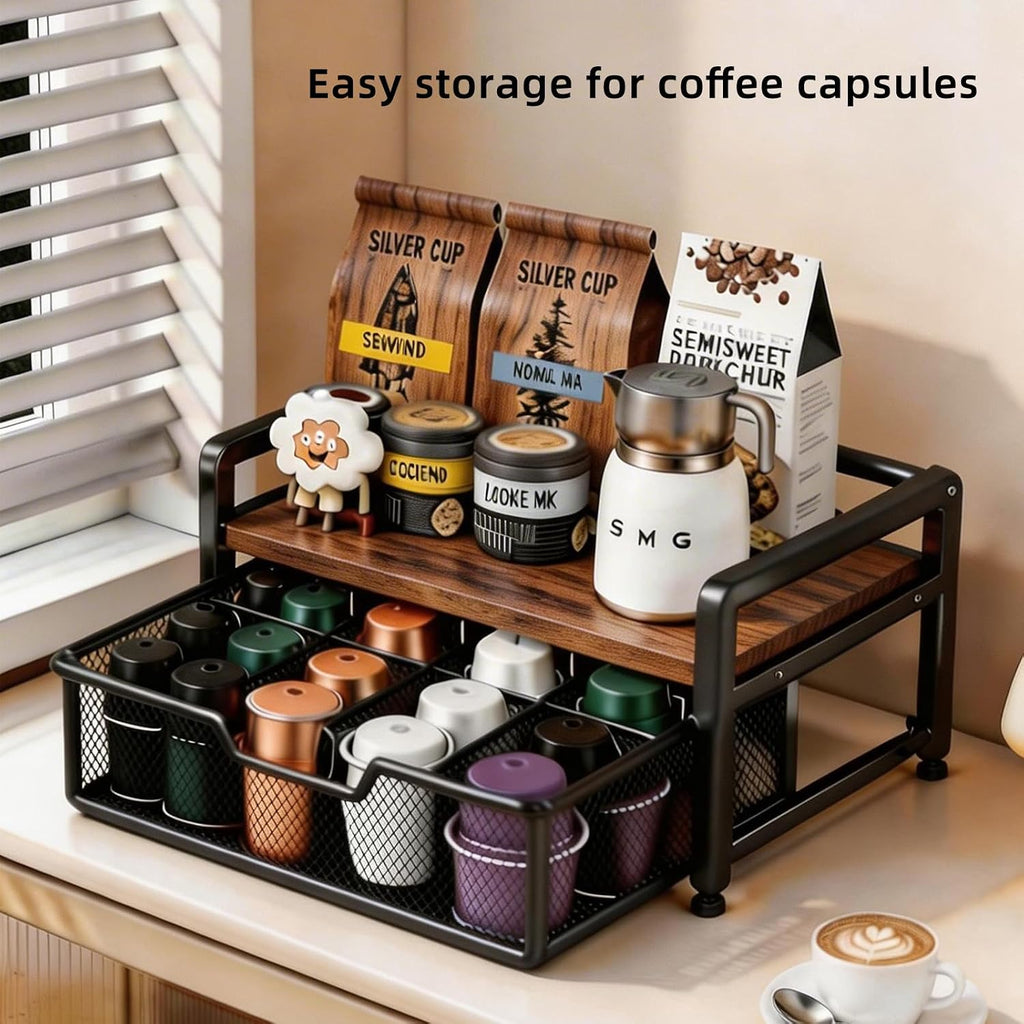 Tea Bag Organizer with 8-Compartment Mesh Drawer, Rustic Brown | Wood & Metal Holder, Spacious Storage Capacity, Smoothly Sliding Drawers, Divided Compartment Storage, Multi-Scene Use