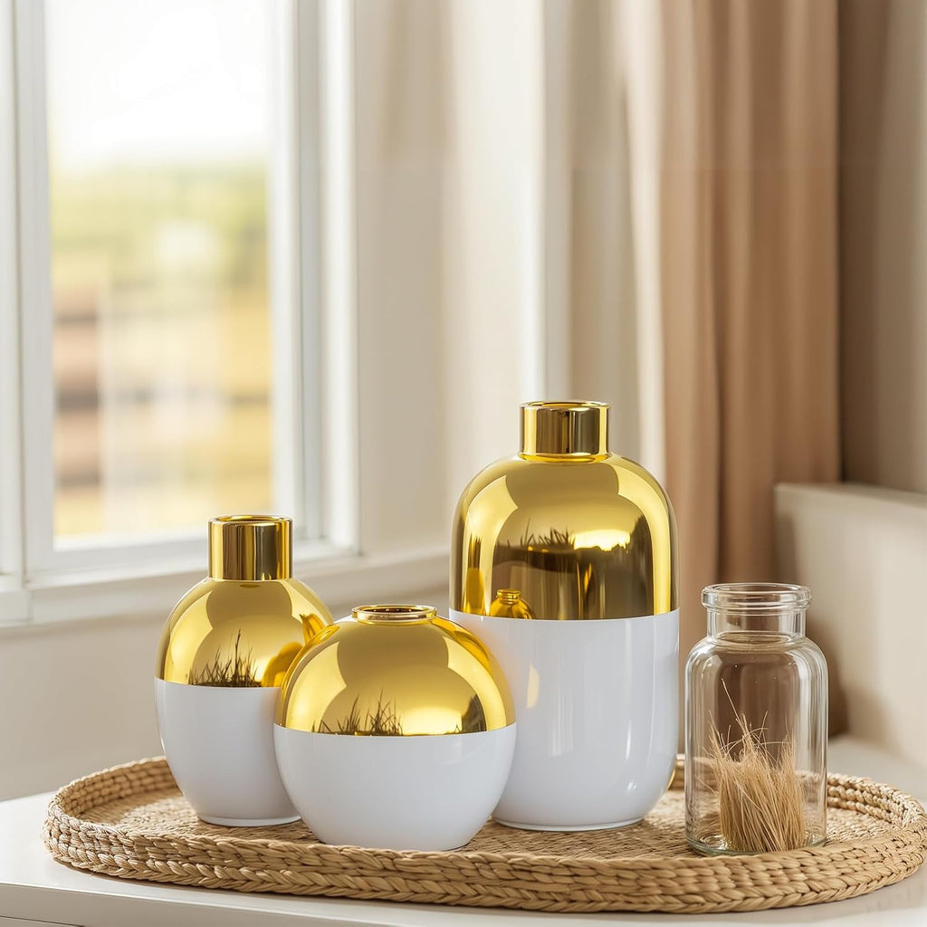 White and Gold Ceramic Flower Vase Set of 3,Glossy Gold Modern Round Decorative Vases for Pampas Grass Home Decor,Bedroom,Office,Living Room,Bookshelf,Wedding,Bathroom Table Centerpiece (White)