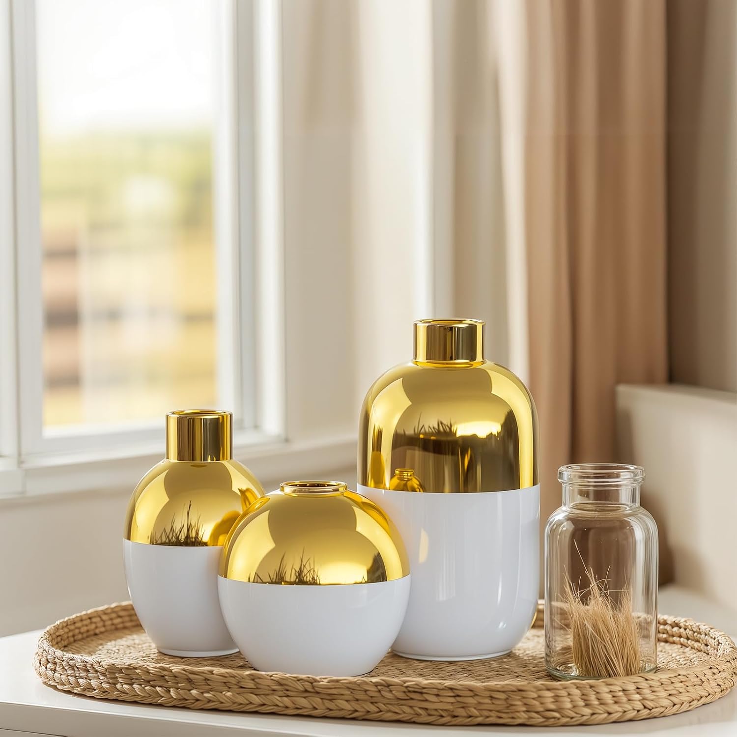 White and Gold Ceramic Flower Vase Set of 3,Glossy Gold Modern Round Decorative Vases for Pampas Grass Home Decor,Bedroom,Office,Living Room,Bookshelf,Wedding,Bathroom Table Centerpiece (White)