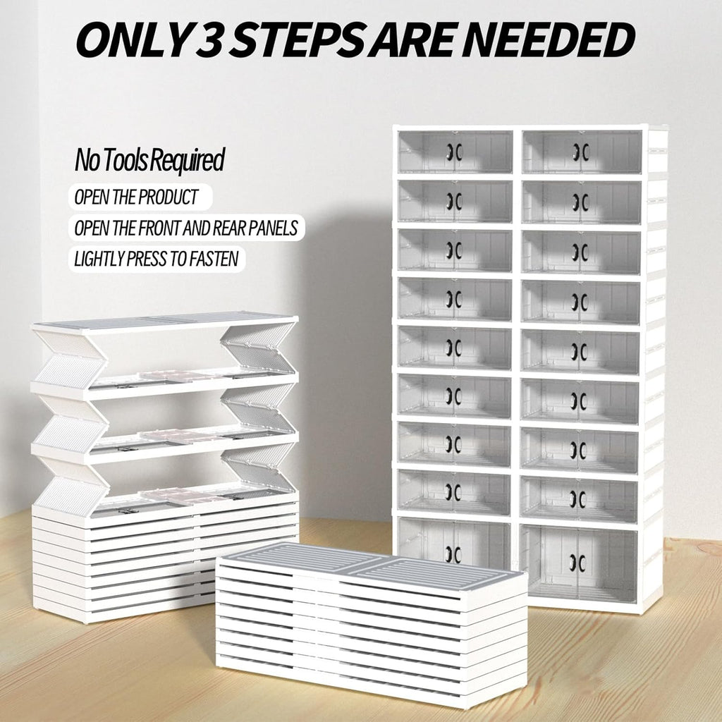 GCCSJ 9 Tiers 36 Pairs Foldable Shoe Rack Organizer, Plastic Collapsible Shoe Shelf, Folding Shoe Box Storage Cabinet with Magnetic Clear Door Easy Assembly