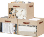 Extra Large Storage Baskets with Clear Window, See Through Closet Organizer with PU Handles, Linen Foldable Storage Bins for Organizing Clothes, Toys, Books (Khaki)