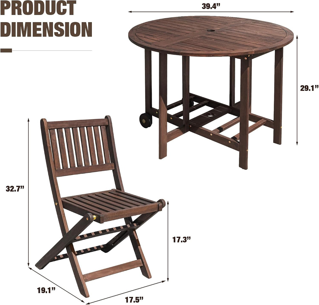 Devoko 5 PCS Patio Furniture, Patio Dining Set Acacia Wood Outdoor Table and Chairs, with 4 Folding Chairs and 37" Round Movable Table, Outdoor Dining Set for Lawn, Balcony, Garden (Deep Brown)