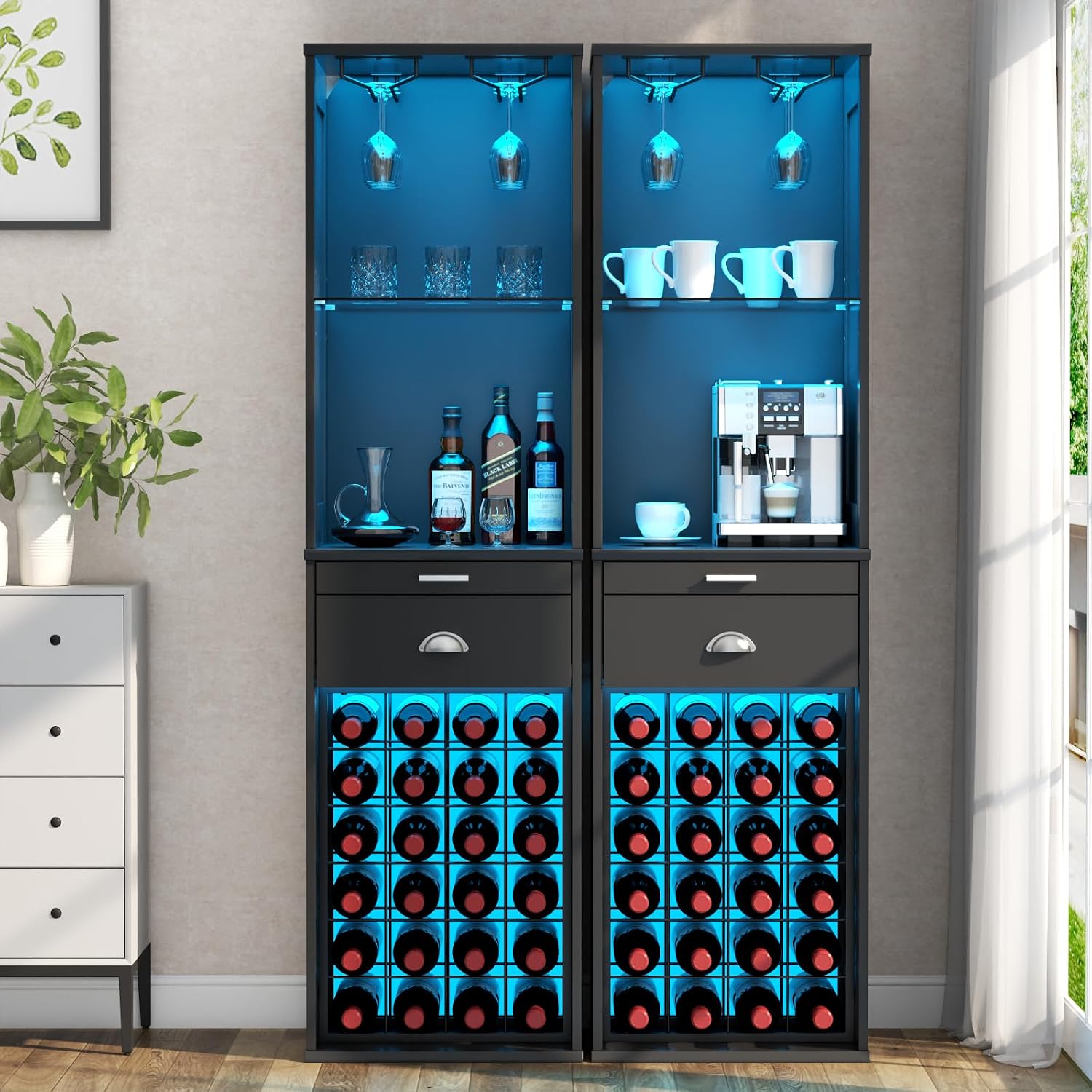 Loomie Wine Bar Cabinet with LED Lights, 65'' Tall Coffee Bar with 24 Wine Rack & Glass Holder, Freestanding Liquor Cabinet with Tray & Drawer & Adjustable Shelf (Black)