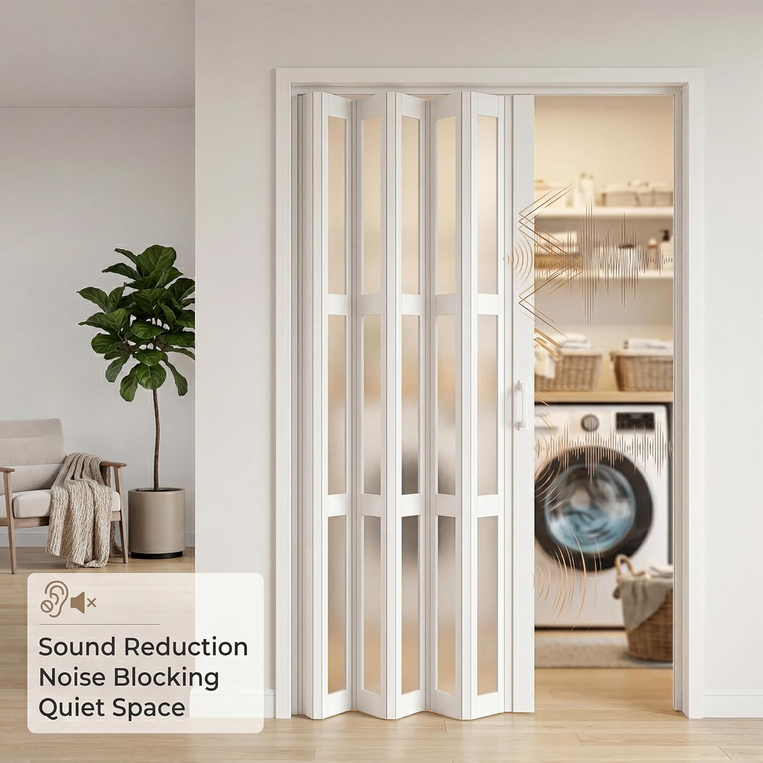 SmartStandard 30" x 80" Accordion Doors Interior, Double-Layer Accordion Doors for Doorway Closet Bathroom, PVC Folding Door Interior with Frosted Acrylic Glass, Full-Side Magnetic Strip, White