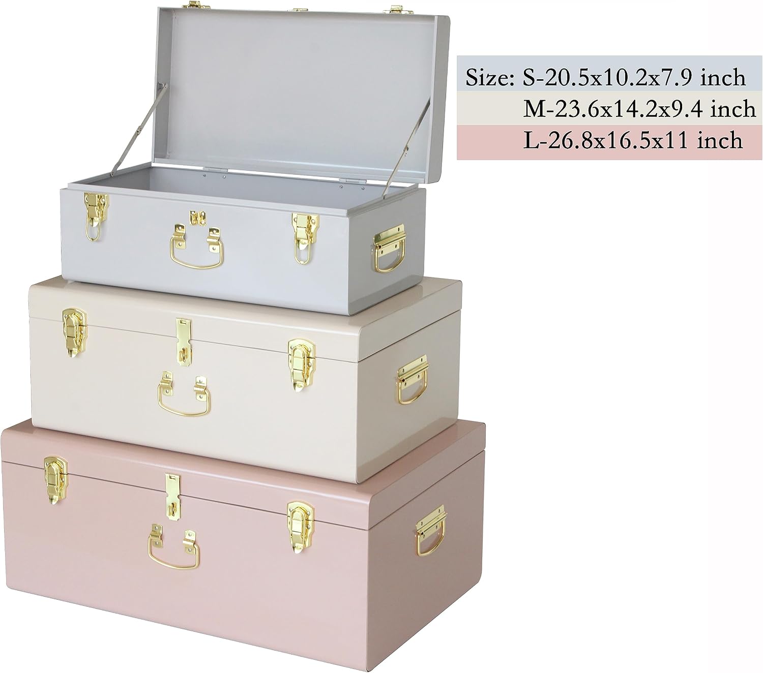 Vixdonos Decorative Box Set of 3 Metal Trunks Chest with Safety Lock Clasp for Treasure Organization and Home Dorm Decor,26.8x16.5x11Inches