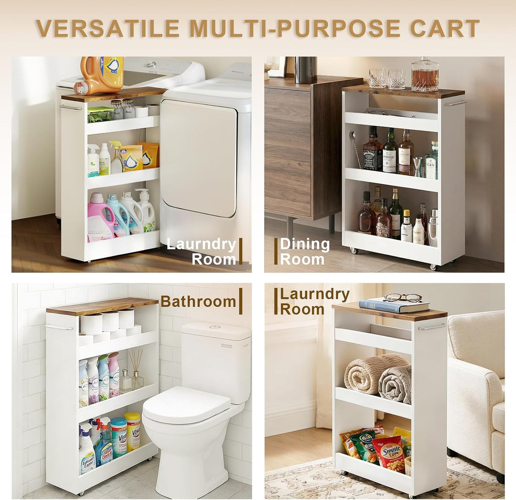 TEAMIX 4 Tier Slim Rolling Storage Cart with Wheels, 24.8D x 7.9W Inches, Height Adjustable, Deeper Utility Cart with Handle Narrow Shelf Organizer for Kitchen Laundry Bathroom Pantry Office (White)