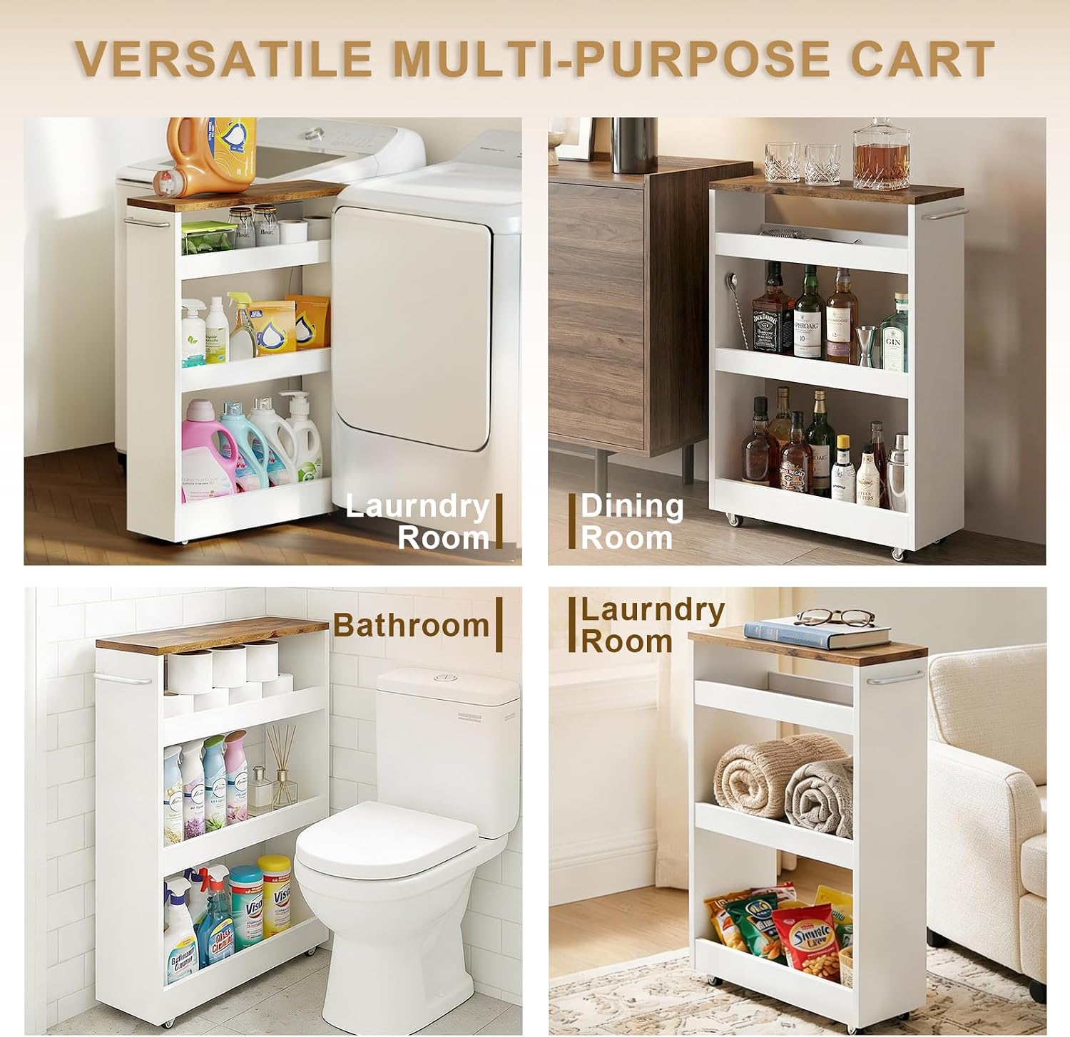 TEAMIX 4 Tier Slim Rolling Storage Cart with Wheels, 24.8D x 7.9W Inches, Height Adjustable, Deeper Utility Cart with Handle Narrow Shelf Organizer for Kitchen Laundry Bathroom Pantry Office (White)