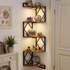 HAAYOT Corner Shelf Wall Mounted: 5-Tier Floating Shelves with Lights for Living Room, Bedroom, Home Office, Rustic Brown
