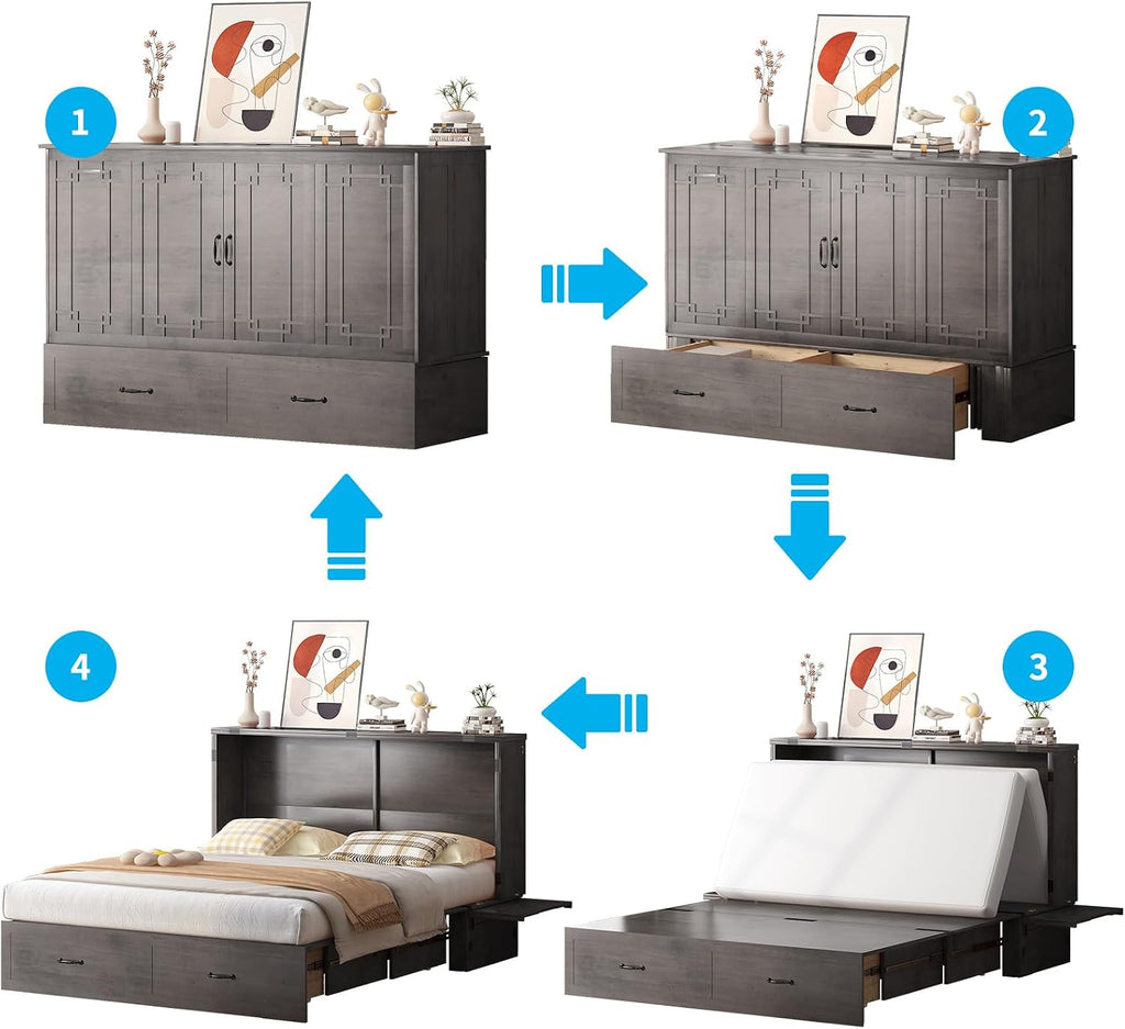 Mjkone Murphy Cabinet Bed, Queen Size No Mattress, Grey | Foldable Mattress, Guest Cabinet Murphy Beds with USB Ports, Cube Cabinets Chest Wall Beds with Drawers