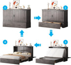 Mjkone Murphy Cabinet Bed, Queen Size No Mattress, Grey | Foldable Mattress, Guest Cabinet Murphy Beds with USB Ports, Cube Cabinets Chest Wall Beds with Drawers