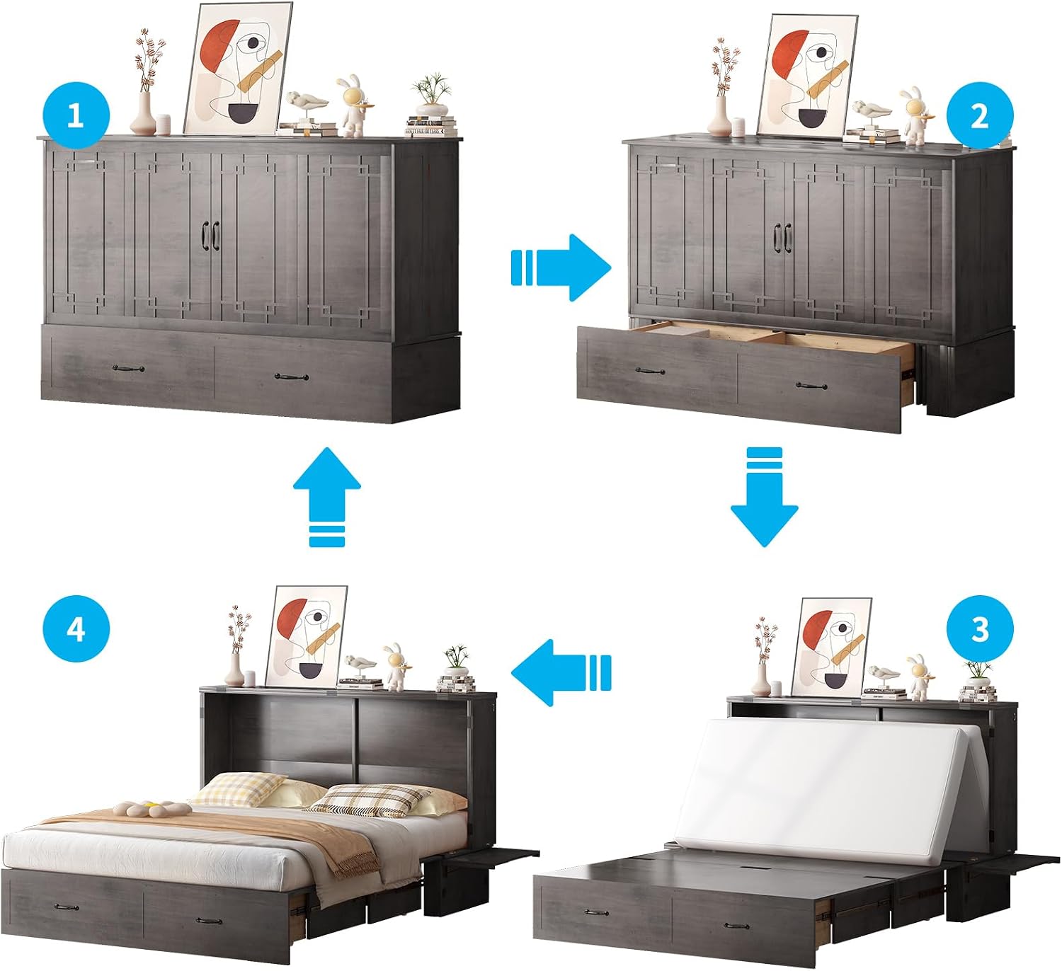 Mjkone Murphy Cabinet Bed, Queen Size No Mattress, Grey | Foldable Mattress, Guest Cabinet Murphy Beds with USB Ports, Cube Cabinets Chest Wall Beds with Drawers