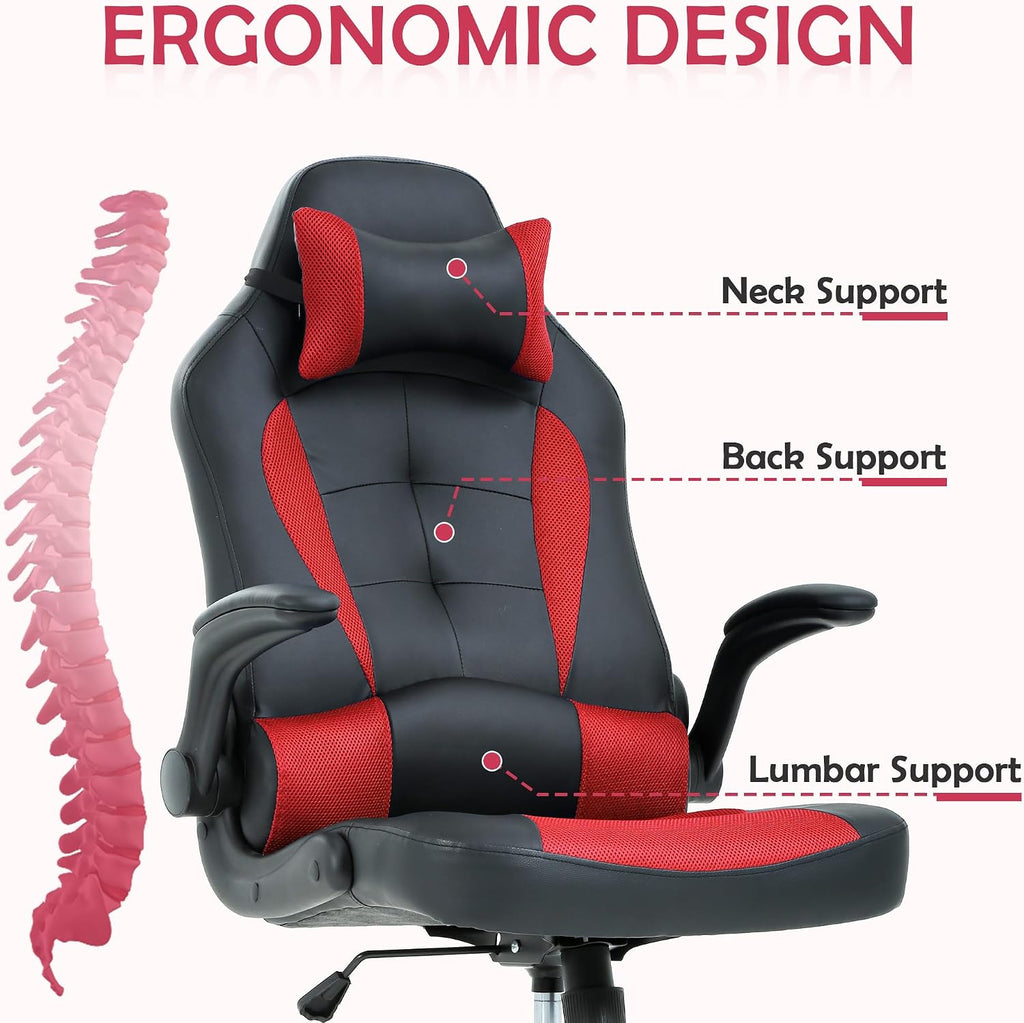 Adjustable Armrest PC Game Chair, Red, PU Leather Swivel Racing Style Chair with Lumbar Support, Ergonomic Rolling Office Desk Chair, High Back, 250 lbs Weight Capacity