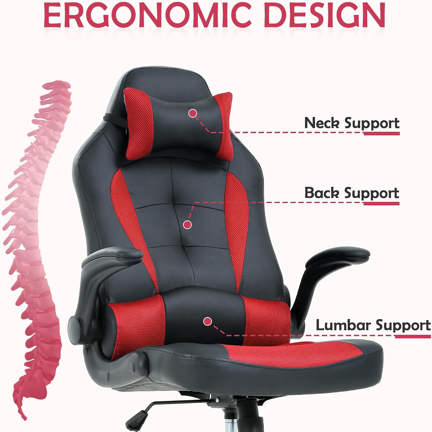 Adjustable Armrest PC Game Chair, Red, PU Leather Swivel Racing Style Chair with Lumbar Support, Ergonomic Rolling Office Desk Chair, High Back, 250 lbs Weight Capacity
