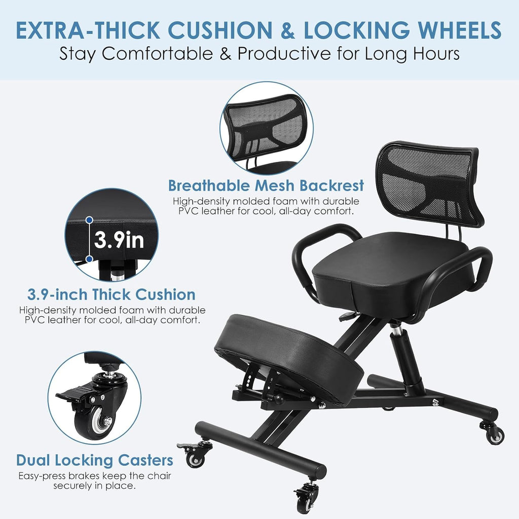 Adjustable Ergonomic Kneeling Chair with Wheels for Home Office, Study & Meditation - Portable Design for Healthy Posture Support, Ideal for Students & Adults with Backrest Refer to Description