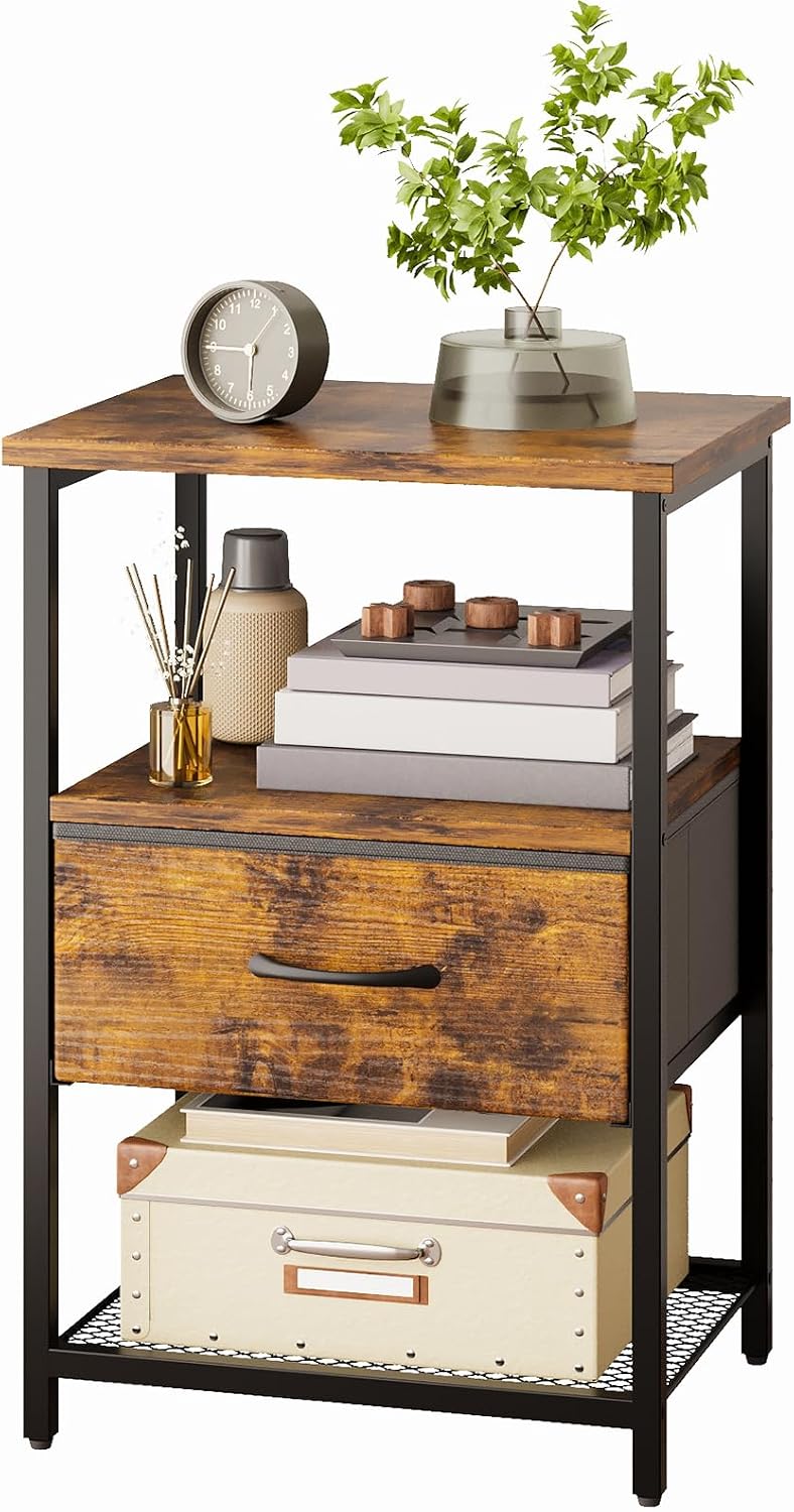 TOMNK Nightstand with 2-Tier Shelf, Brown Top End Table for Bedroom or Living Room, Fabric-Lined Storage Organizer, Compact Design Under 27 Inches, Easy Assembly