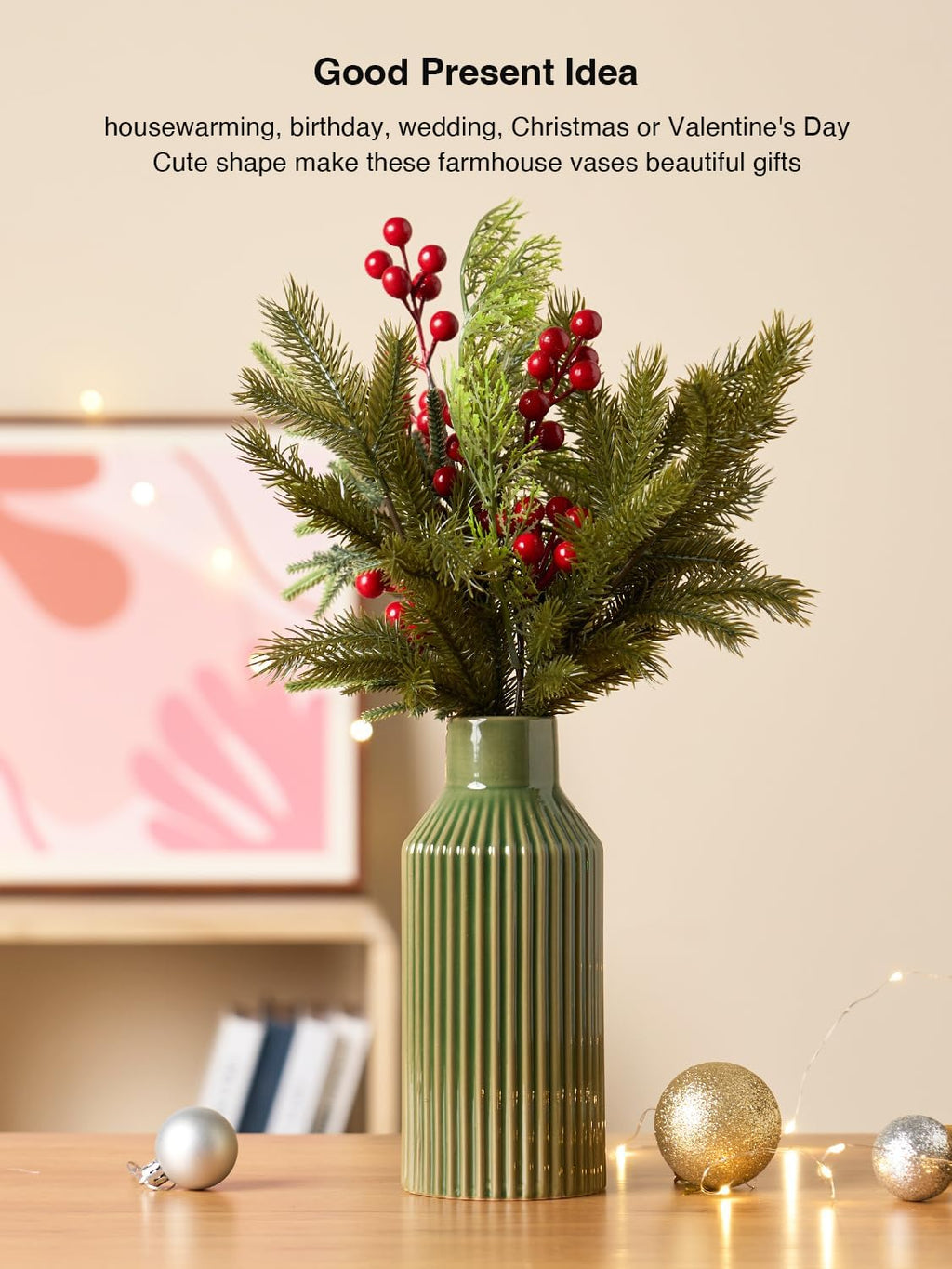STHIE Green Ceramic Flower Vase, Minimalist Home Decoration, 8 Inch Small Pampas Grass Vases for Kitchen, Bedroom, Office, Living Room, Bathroom, Shelf Centerpiece Table