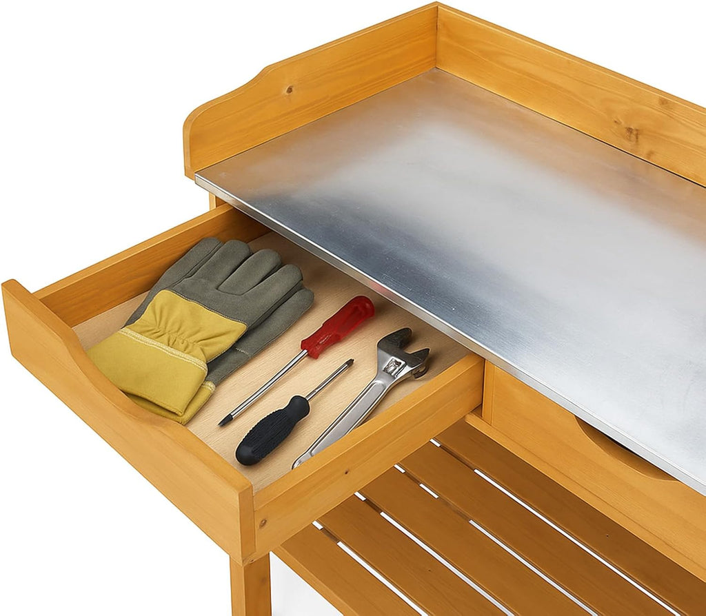 Outvita Outdoor Garden Potting Bench Table Work Bench with 2 Drawer, Storage Shelf, Metal Tabletop, 3 Hooks for Horticulture, Natural Wood