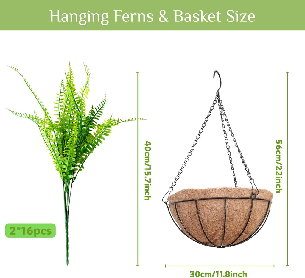 2 Set Artificial Ferns for Outdoors with Coconut Baskets, Fake Hanging Boston Ferns with 12" Coir Pot &Chain,UV Resistant Faux Hanging Persian Grass Baskets for Outdoor Porch Patio Decor