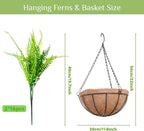 2 Set Artificial Ferns for Outdoors with Coconut Baskets, Fake Hanging Boston Ferns with 12" Coir Pot &Chain,UV Resistant Faux Hanging Persian Grass Baskets for Outdoor Porch Patio Decor
