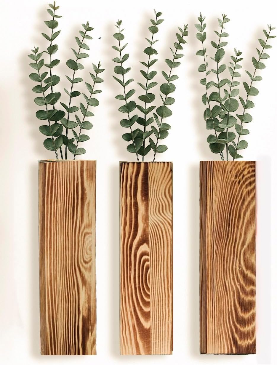 Wall Vases Set of 3 with Artificial Plants Wooden Hanging Planter Vases for Farmhouse, Modern & Rustic Home Decor Living Room, Bedroom, Kitchen, Office Decoration with Faux Greenery