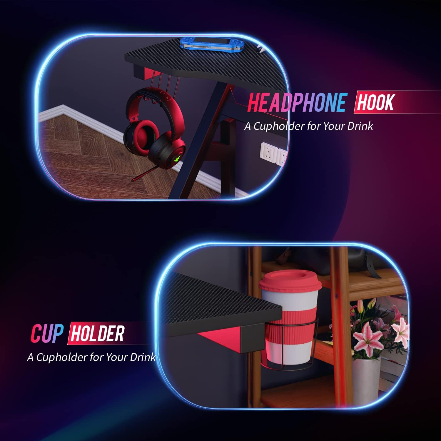 BestOffice | 47" Gaming Desk | Red | Carbon Fiber Textured Computer Desk | Sturdy Steel Frame, Cup Holder, Headphone Hook, Cable Management Holes, Adjustable Leg Pads | for Gamers, Home, Office