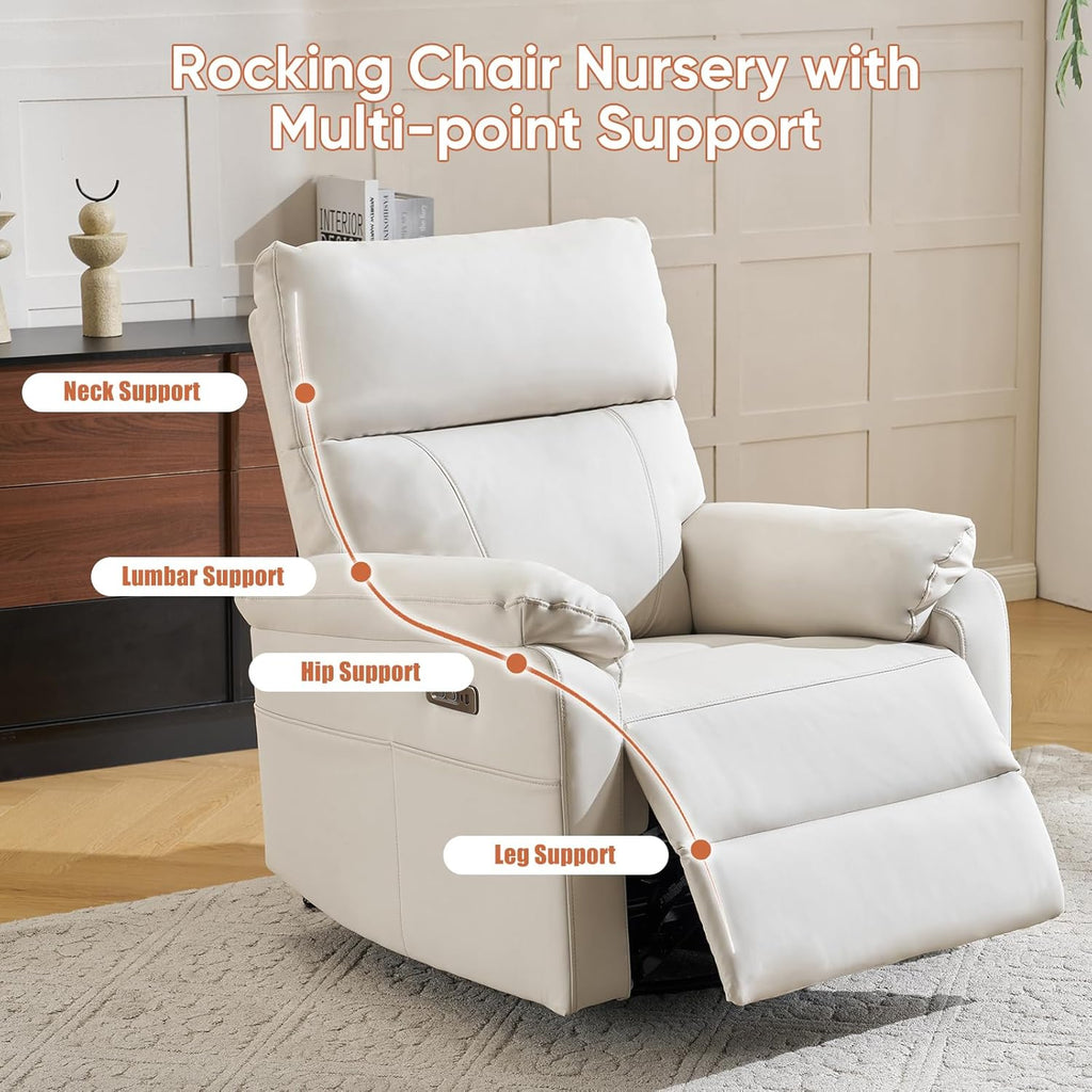Power Rocking Chair Nursery with Adjustable Lumbar Support,Swivel Rocker Recliner with Overstuffed Armrests, Nursery Glider Recliner for Bedroom & Livingroom, USB & Type-C, Faux Leather Beige