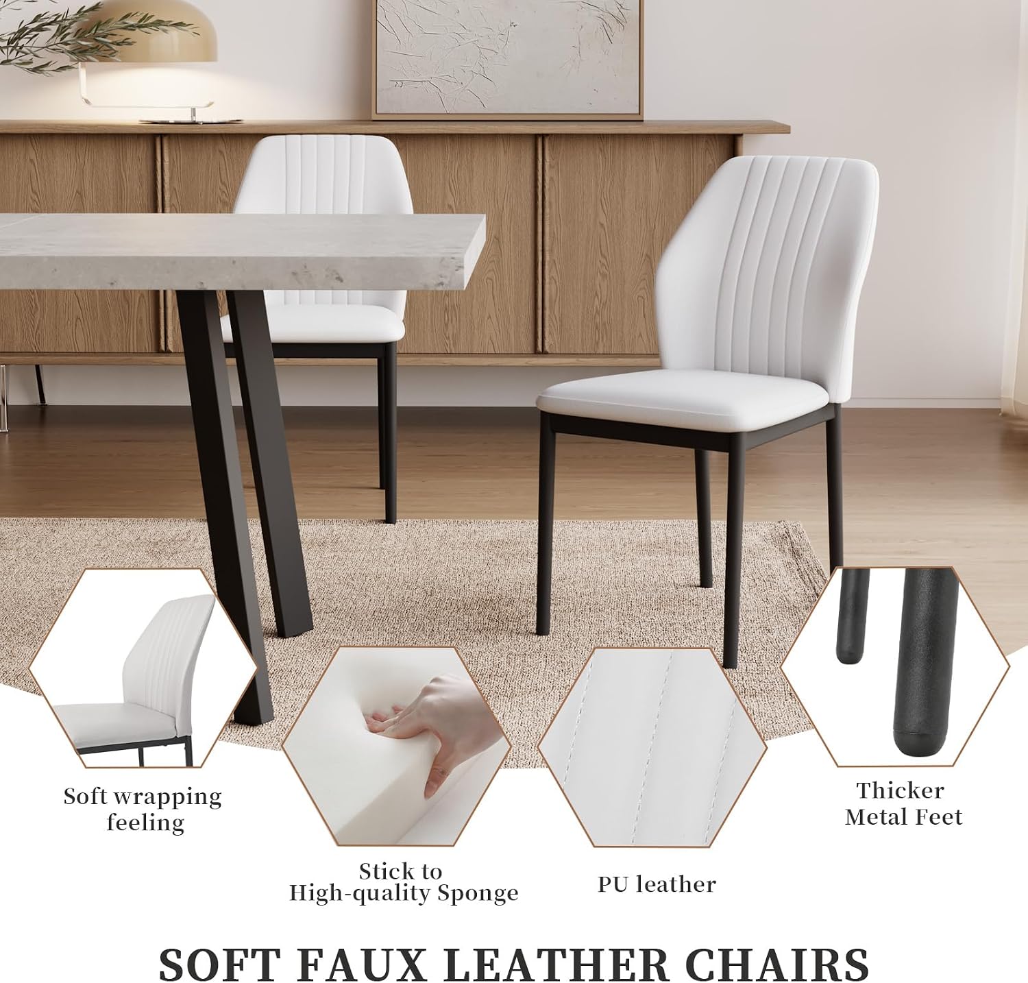 Zerifevni 47.2"- 62.9" Extendable Dining Table Set for 6, Modern Kitchen Table with 6 PU Leather Chairs, Thickened Expandable MDF Wooden Table with Metal Legs for Dining Room, Kitchen, Office