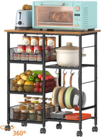 Rolling Kitchen Storage Microwave Cart, Kitchen Island with Adjustable Shelf on Lockable Wheels, Countertop 27.75"L × 15.35"W, Bakers Rack with Tilt-Out Baskets, for Kitchen, Coffee Bar, Living room