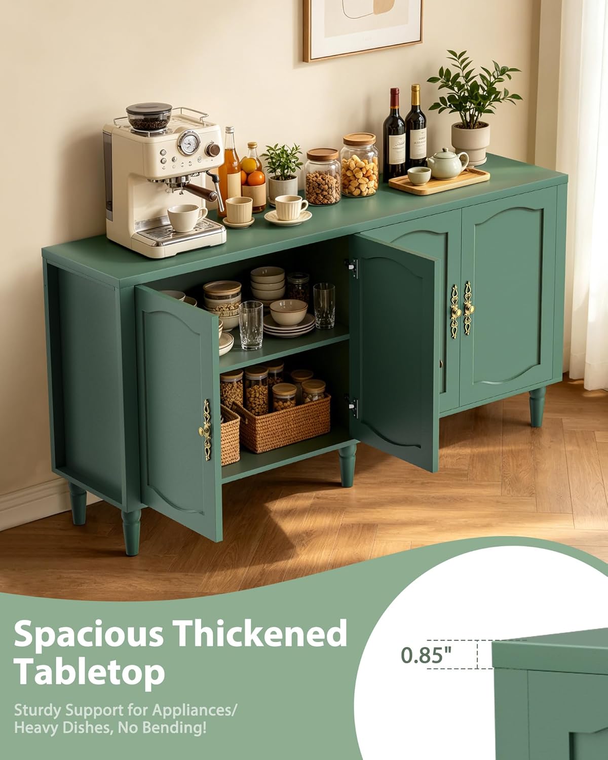 fineway 63" Sideboard Buffet Cabinet, Mid Century Modern Credenza Storage Cabinet with Carved Handle & Adjustable Shelves, Buffet Table Kitchen Coffee Bar for Living Room Dining Room - Green
