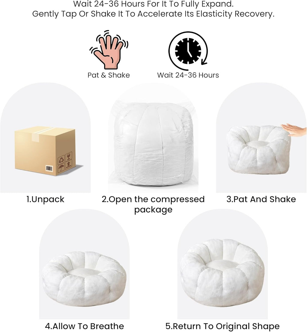Flower Bean Bag Chair for Teens and Young Adults, Soft Faux Fur Floor Seating with Memory Foam, Aesthetic Room Decor Cozy Lounger for College Dorm, White