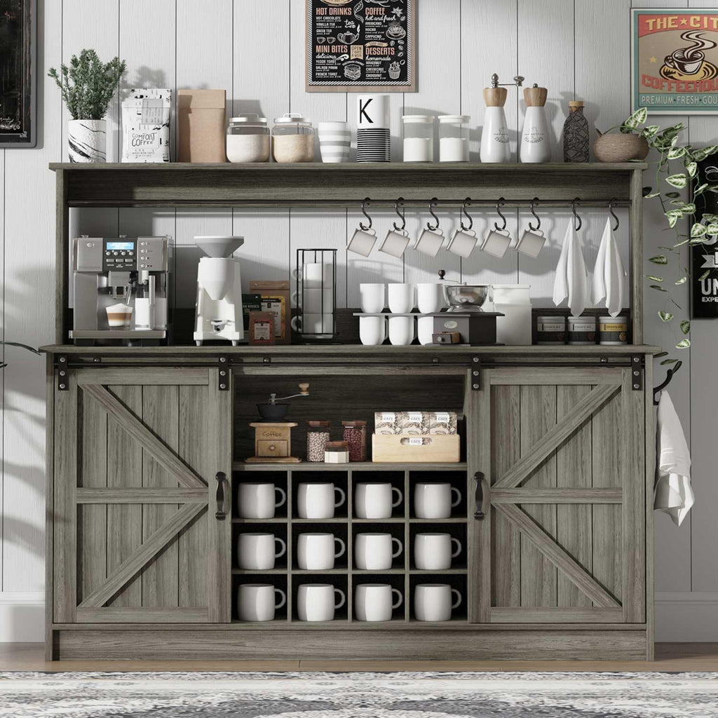 4ever2buy Farmhouse Coffee Bar Cabinet with 8 Hooks, 55” Kitchen Hutch Cabinet with Storage, Gray Coffee Bar with Sliding Barn Doors and 12 Racks for Living Dining Room, Wash Gray