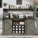 4ever2buy Farmhouse Coffee Bar Cabinet with 8 Hooks, 55” Kitchen Hutch Cabinet with Storage, Gray Coffee Bar with Sliding Barn Doors and 12 Racks for Living Dining Room, Wash Gray