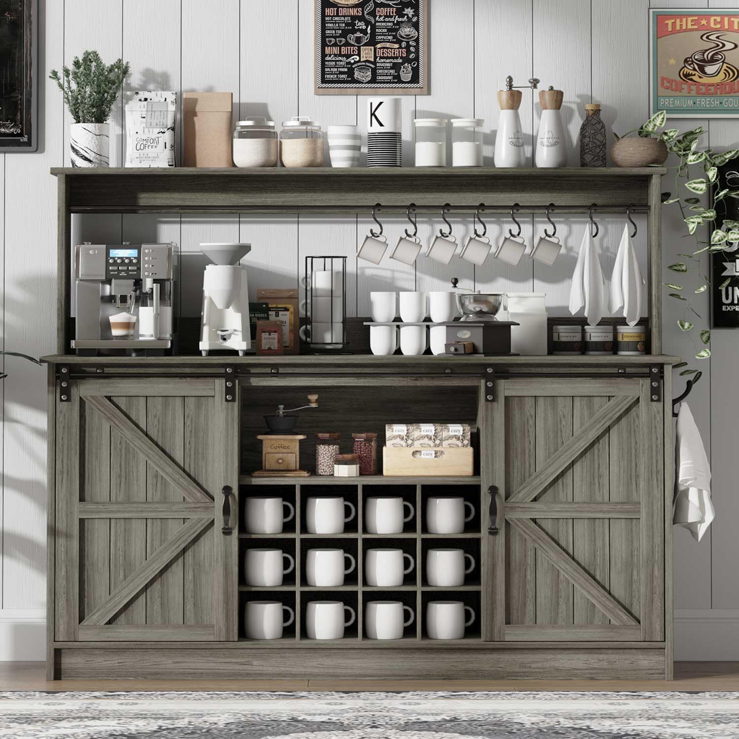 4ever2buy Farmhouse Coffee Bar Cabinet with 8 Hooks, 55” Kitchen Hutch Cabinet with Storage, Gray Coffee Bar with Sliding Barn Doors and 12 Racks for Living Dining Room, Wash Gray