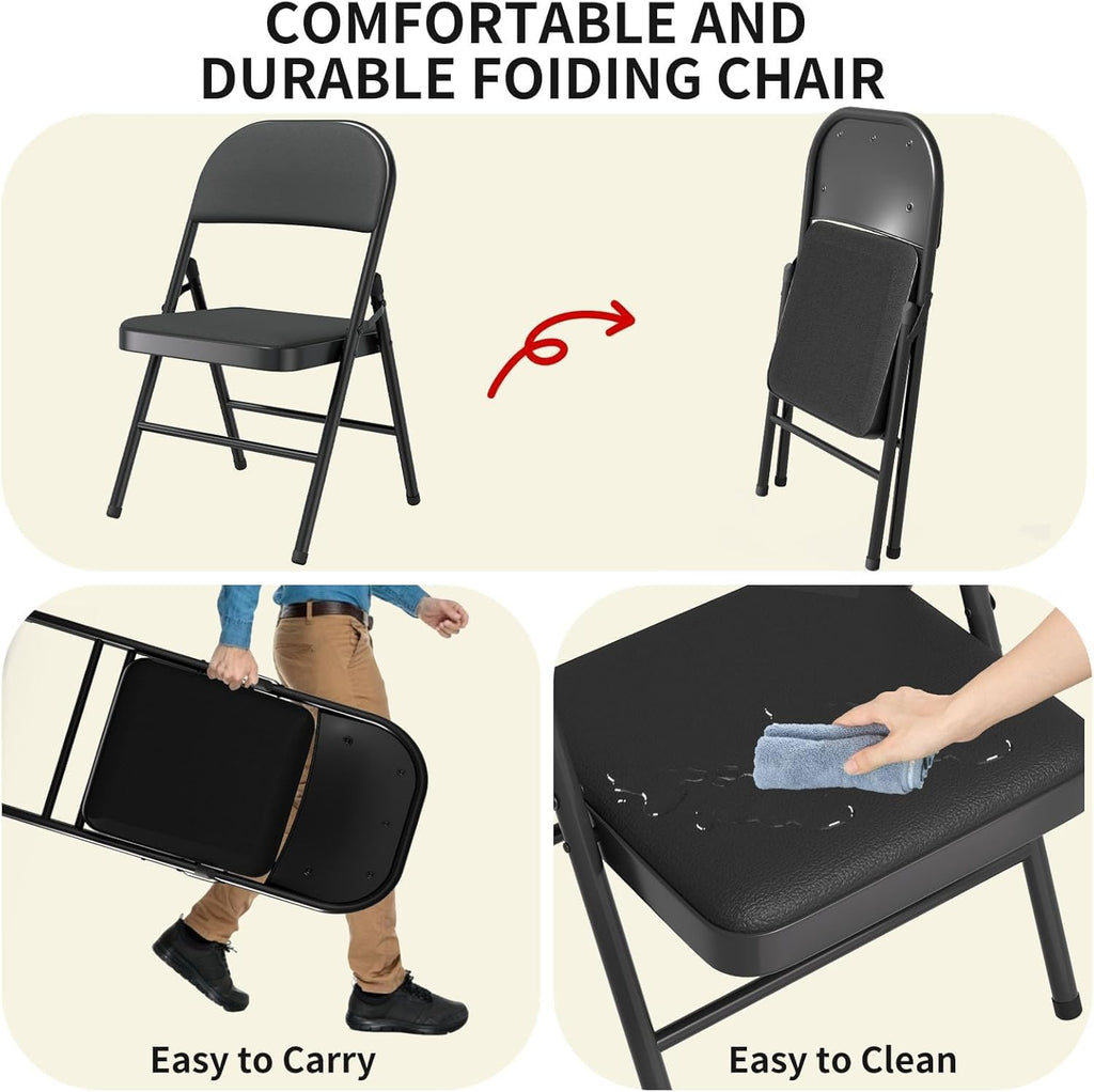Set of 2 Padded Folding Chairs, PU Leather Seat Back, 300 lbs Heavy Duty Metal Frame, Foldable Portable Chairs for Indoor Outdoor Events, Dining, Guest Seating, Party, Wedding (Black, 2 Pack)
