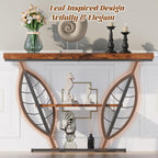 HavenlyYouth Leaf Design Console Table for Entryway, 3-Tier Storage, 30mm Thick Rustic Brown Industrial Metal Frame, Easy-to-Assemble Narrow Accent Table, Space-Saving for Hallway, Entrance, Foyer