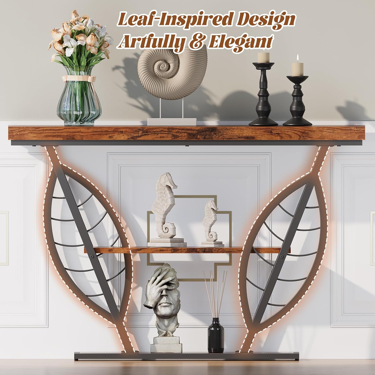 HavenlyYouth Leaf Design Console Table for Entryway, 3-Tier Storage, 30mm Thick Rustic Brown Industrial Metal Frame, Easy-to-Assemble Narrow Accent Table, Space-Saving for Hallway, Entrance, Foyer