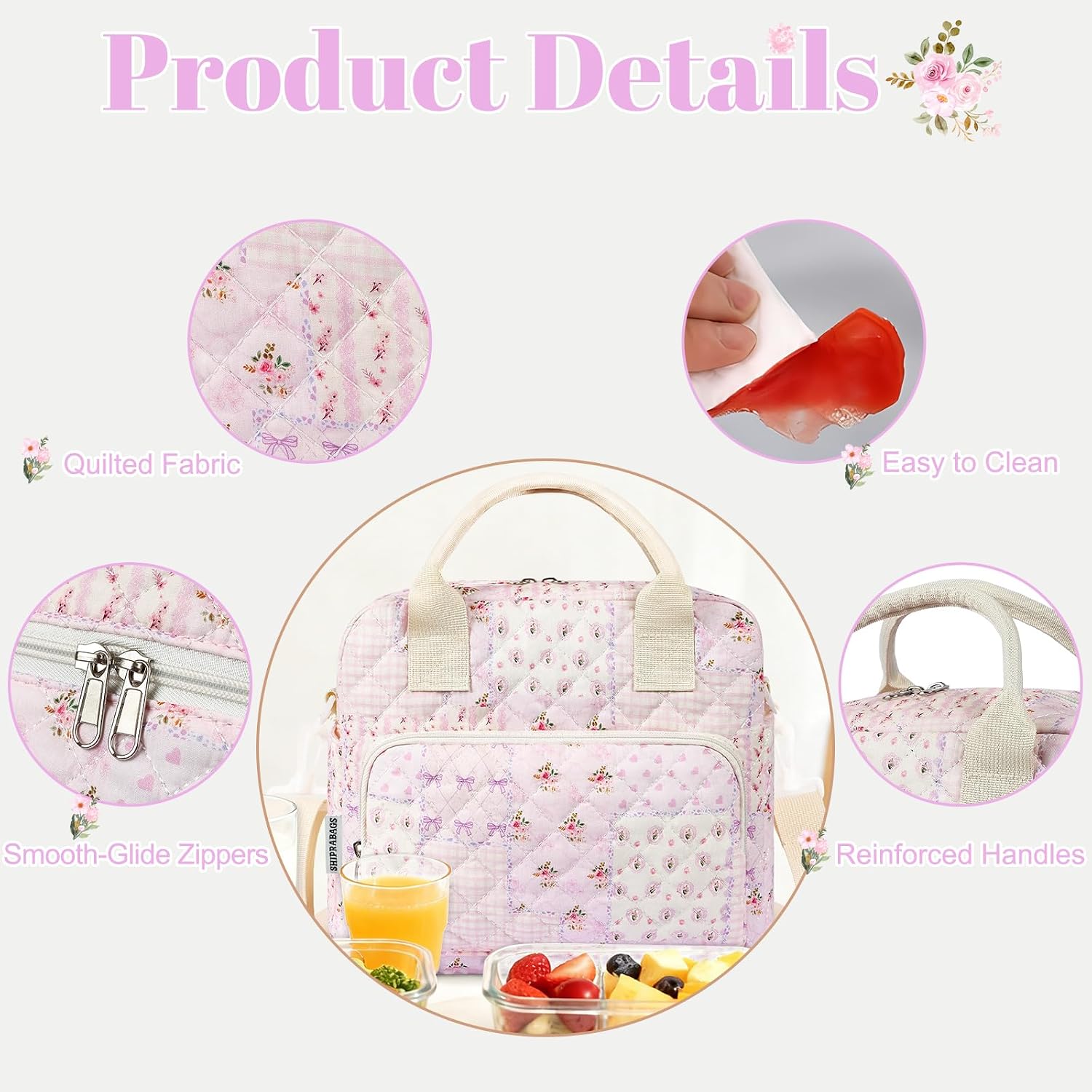Quilted Lunch Box for Women, Large Insulated Lunch Bag for Adult,Elegant Pink Patchwork Cute Portable Tote Bags for Work Travel Beach Picnic (Purple Patchwork, M)