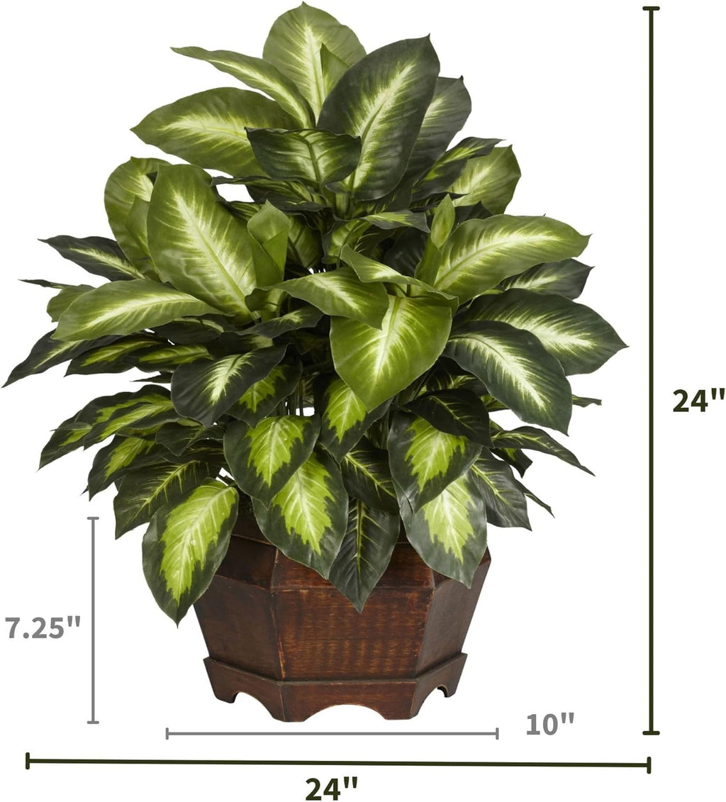 Nearly Natural 24in Artificial Dieffenbachia Silk Plant with Modern Hexagon Planter, Maintenance-Free Indoor Faux Greenery for Room Decor